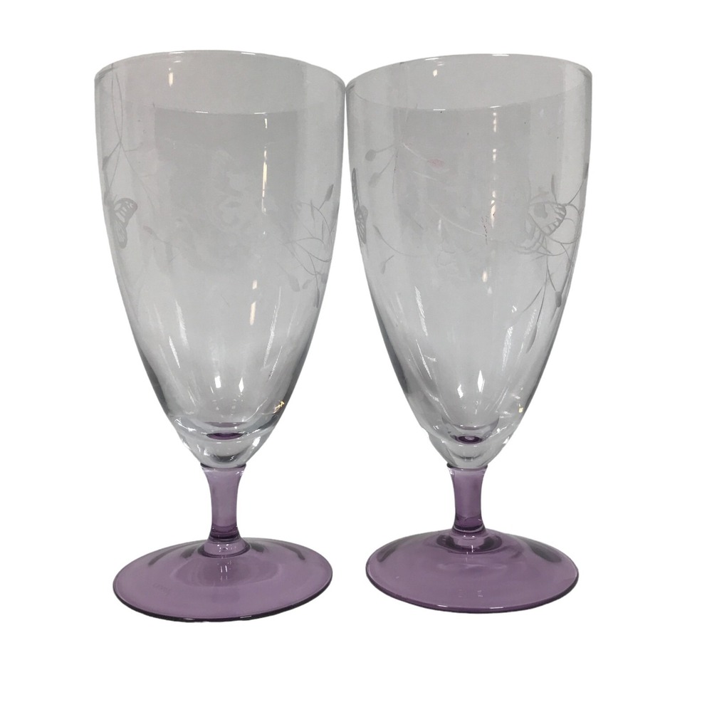 Lenox Butterfly Meadow Iced Tea Glasses Etched Crystal Lavender Purple Set of 2